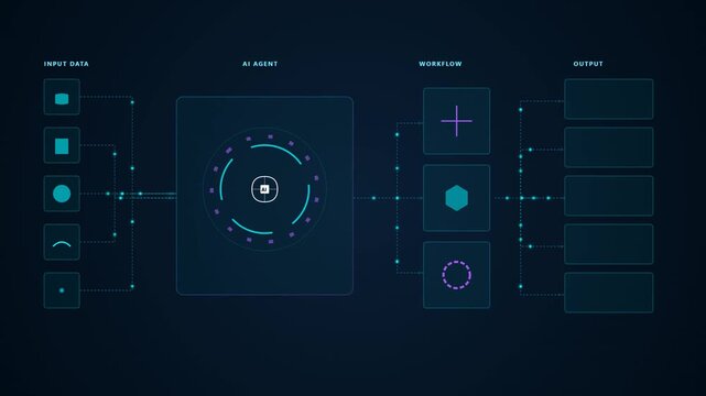 Abstract Infographic Representing AI Agent Workflow with Input Data Processing and Automated Output