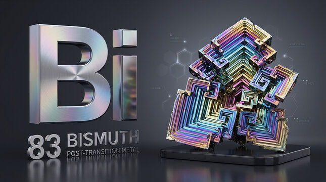 Bismuth crystal with atomic number 83 displayed beside a metallic 3D symbol, highlighting chemistry, science, and mineral beauty