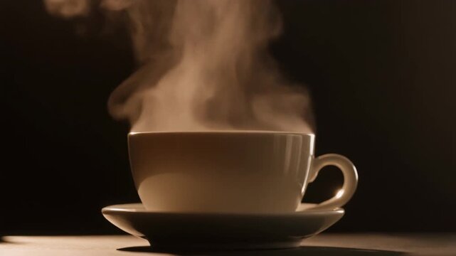 Steam rises from a hot cup of coffee on a saucer against a dark background.