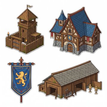 Wooden military outpost, fantasy kingdom hall, kingdom banner flag, army training building, game level design asset, vector isolated on white