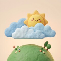 Fototapeta premium Cute clay art style illustration of a smiling sun and fluffy clouds above a green hill.