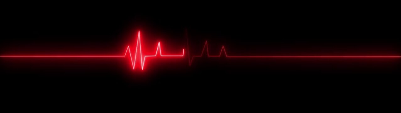 Neon orange electrocardiogram line on black background with flatline heart rate pulse