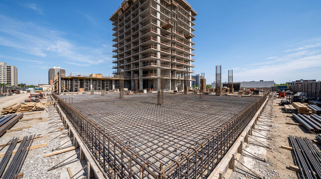 Panoramic view of large-scale commercial construction site with reinforced steel rebar grid framework
