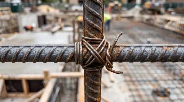 Intersecting reinforced steel rebar tied with wire at construction site for structural concrete foundation