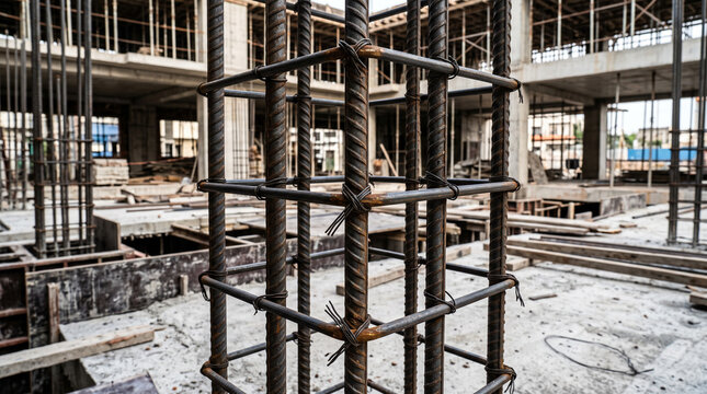 Vertical reinforced steel rebar cage for concrete column in industrial construction site interior
