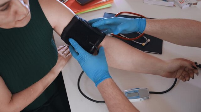 Arm monitoring and device check showing cuff, tubing and digital display, clinician handles gauge and records reading, calm indoor setting with stethoscope on table, methodical verification