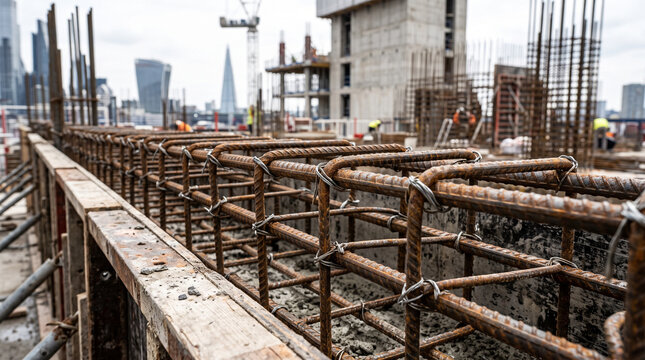 Reinforced steel rebar grid framework at urban construction site under clear sky