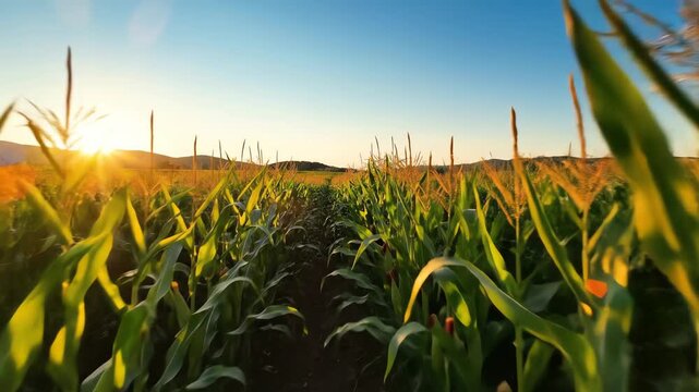 Sunlight shining through green cornfield rows at sunset