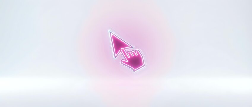 Glowing pink cursor and hand pointer icons with neon light effect on white background for digital design and technology concepts.