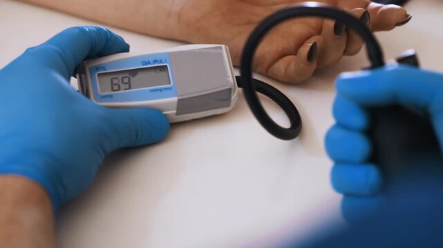 Black patient home blood pressure check by paramedic nurse wearing blue nitrile gloves using digital cuff and inflation bulb connected to monitor on wrist calm indoor residence scene with attentive