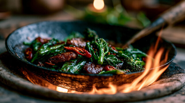 Stir fry cooking over open flames in a cast iron pan with cooking fire, cooking outdo