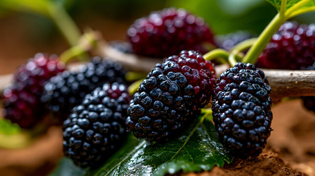 Close up of fresh dark mulberries on green branch with mulberry, agriculture