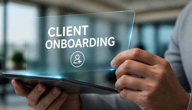 Professional holding transparent digital tablet displaying client onboarding text in modern bright corporate office setting