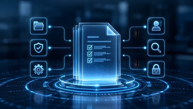 Digital archiving and secure file sharing concept with glowing holographic document connected to compliance and data protection icons.