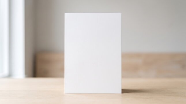 A blank white rectangular card standing upright on a light wooden table with a blurred background.