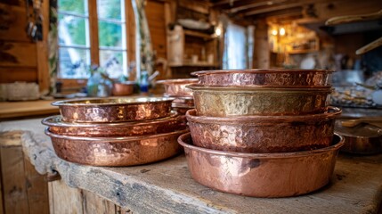 Fototapeta premium Rustic Copper Cookware Stacked in a Cozy Wooden Kitchen Environment