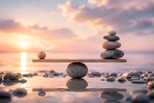 Zen Balance and Harmony Concept with Stacked Stones and Feather on Seesaw, Peaceful Ocean Sunset Background
