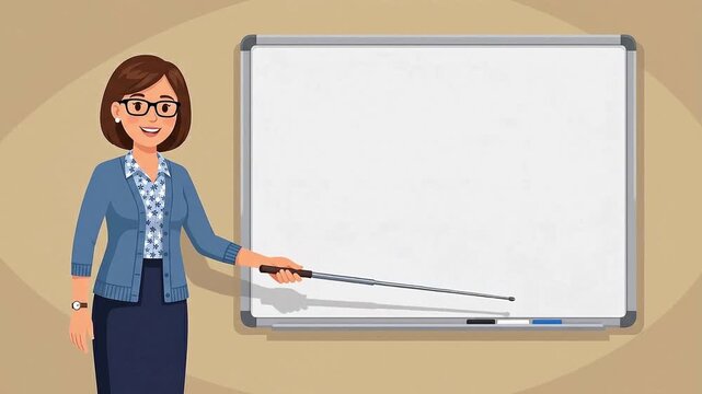 Female Teacher Explaining Lesson Whiteboard Pointer Classroom Vector Animation Loop.