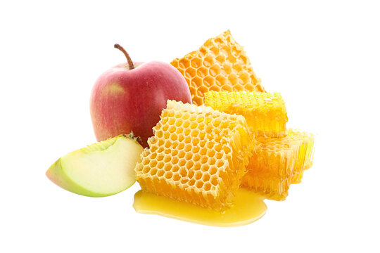 Honeycomb pieces sit next to a crisp apple, highlighting fresh flavors, PNG