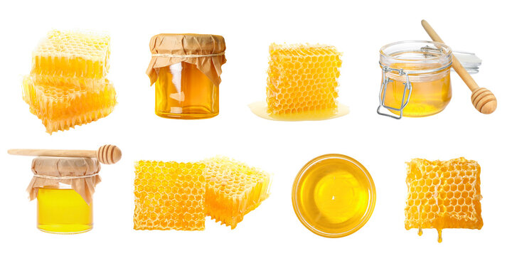Set. Various honey products displayed including jars and honeycombs, PNG