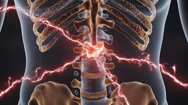 Detailed 3D Rendering of Human Spine Highlighting Nerve Impulses and Electric Activity in a Healthcare Technology Context