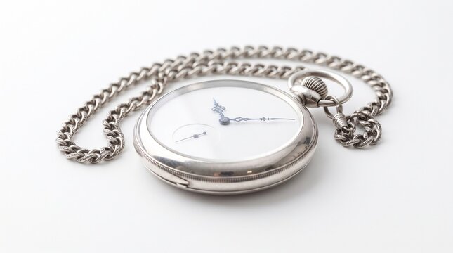 Vintage silver pocket watch with metal chain, antique chrome timepiece on white background, classic analog watch for heritage concepts
