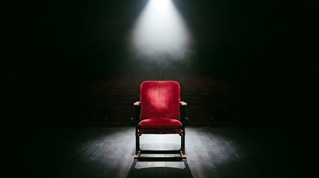 Empty red velvet theater seat illuminated by a single spotlight on stage