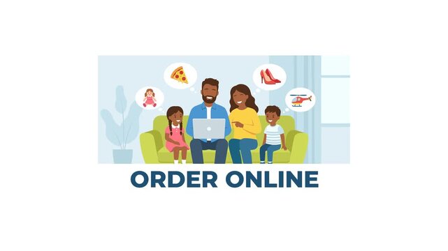 Family using laptop, thinking of items, with "ORDER ONLINE" text appearing, animated graphic