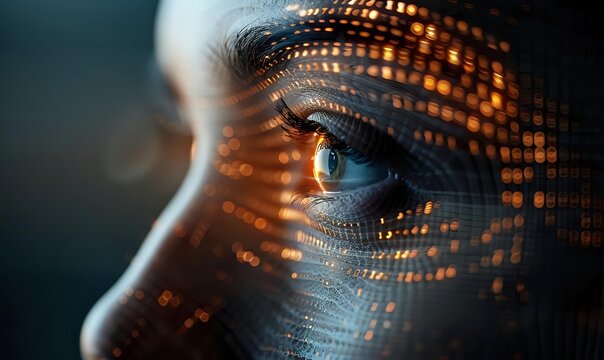 Digital face with glowing orange pixelated overlay and blue eye, representing artificial intelligence, data processing, and technology innovation for digital transformation concepts.