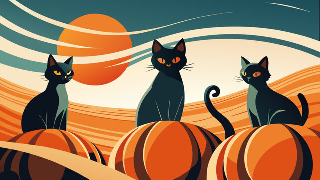 Editorial black cats sitting on pumpkins at sunset vector illustration with halloween silhouette illustration