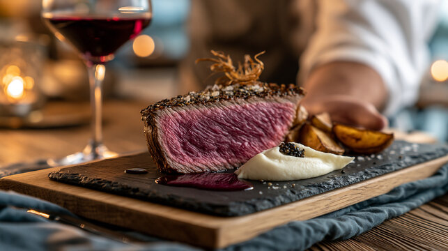 Gourmet medium rare beef steak served with mashed potatoes and wine on stone board