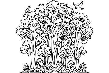 Fototapeta premium Intricate black and white line art illustration of a lush forest tree filled with various animals.