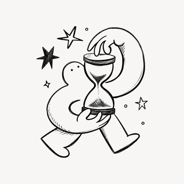 A charming black and white line art illustration featuring a cute, abstract character holding a large hourglass surrounded by twinkling stars.
