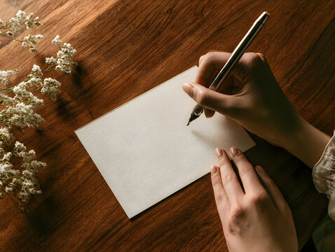 Person writing with a black pen on a blank white paper sheet on a rustic wooden table