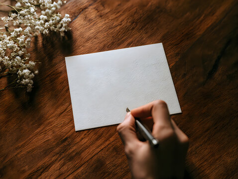 Person writing with a pen on a blank piece of paper on a dark wooden table with small flowers
