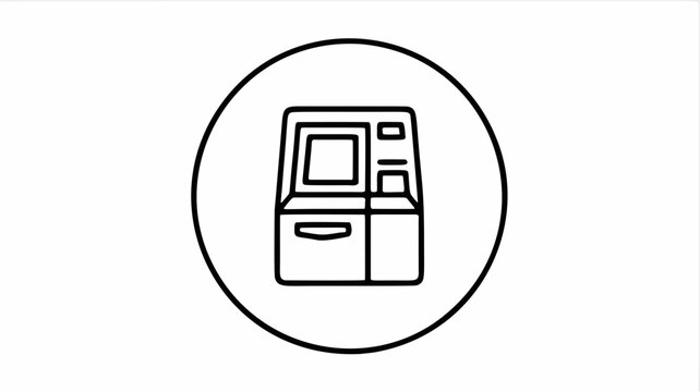 Minimalist outline vector illustration of an automated teller machine represented as a clean circle icon for financial service interface design