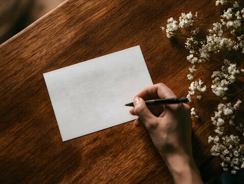 Person writing with a black pen on a blank white paper card on a wooden table with small flowers
