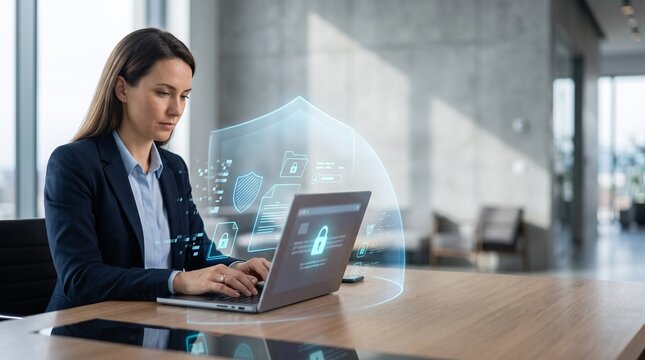 Businesswoman working on laptop with glowing cyber security shield overlay for data protection in modern office