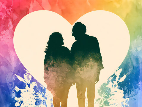 Silhouette of a loving couple standing together in front of a big white heart and colorful background