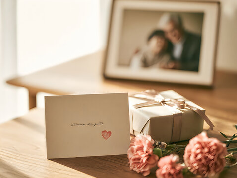 Small gift box with a greeting card and flowers on a wooden table at home