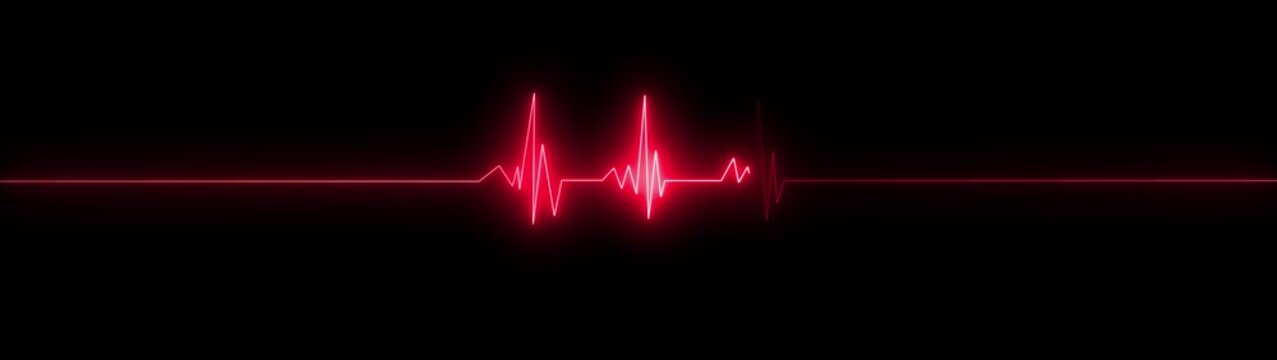 ECG heartbeat line glowing on a deep black background, with sharp pulse peaks and smooth flat segments, symbolizing heart activity, life monitoring,