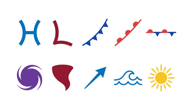 Meteorology and weather map symbol icon set high low pressure cold warm stationary front hurricane tornado wind direction wave sun vector illustration