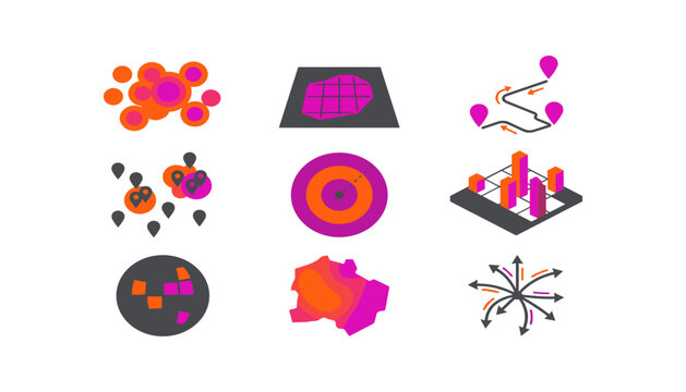 Spatial analysis and GIS mapping icon set heatmap buffer region navigation route location cluster radar 3D bar chart vector illustration