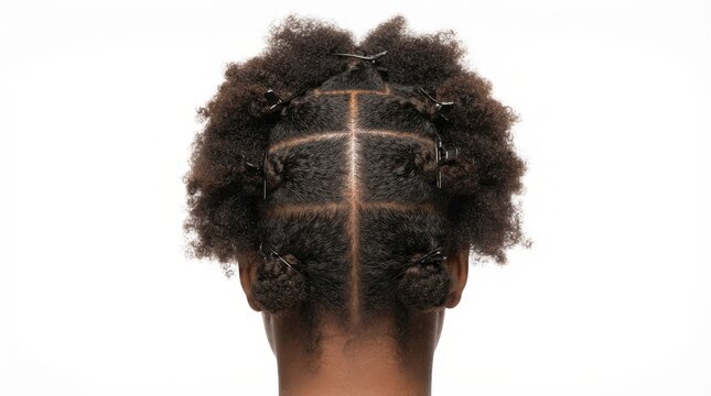 Rear view of african american woman with textured natural hair styled in partitioned square sections