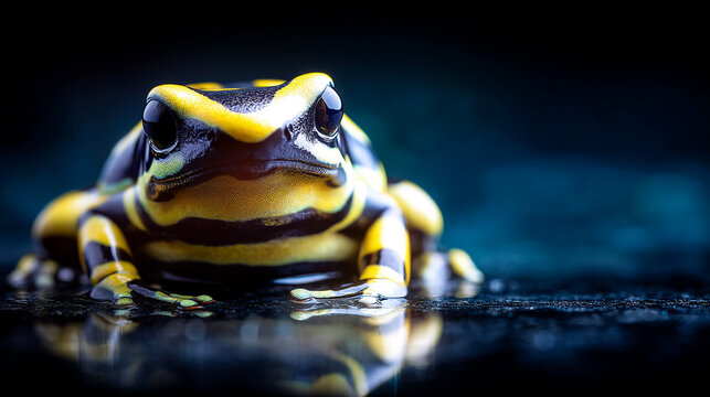 Yellow and black poison dart frog close up on dark reflective surface with amphibian