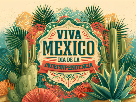 Viva mexico independence day celebration poster with cactus and palm leaves illustration