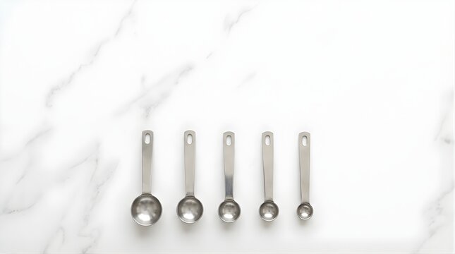 Metal measuring spoons arranged in a row on a white marble background