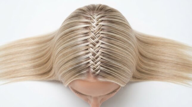 Braided platinum blonde hair top view on mannequin head with platinum mannequin haircare grooming