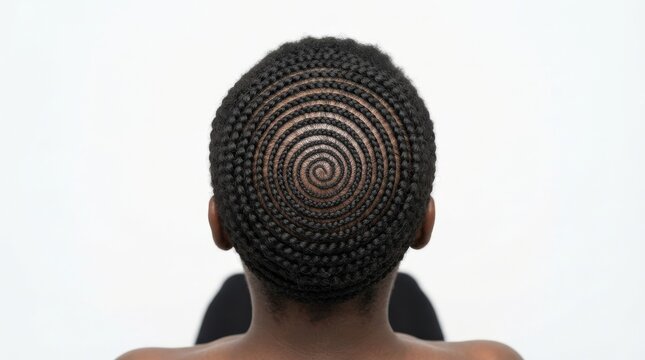 Back view of woman with short natural afro hair styled in precise circular spiral pattern, circular