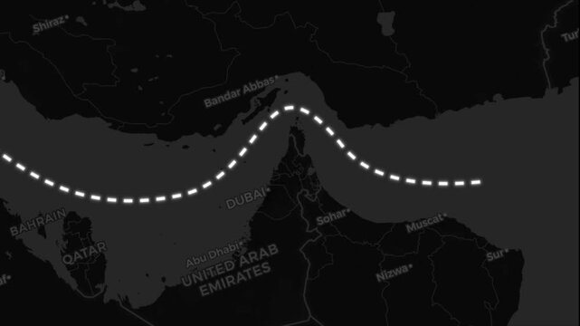 Strait of Hormuz Map Animation, Persian Gulf Maritime Route, Middle East Shipping Passage and Strategic Waterway on Dark Map Background